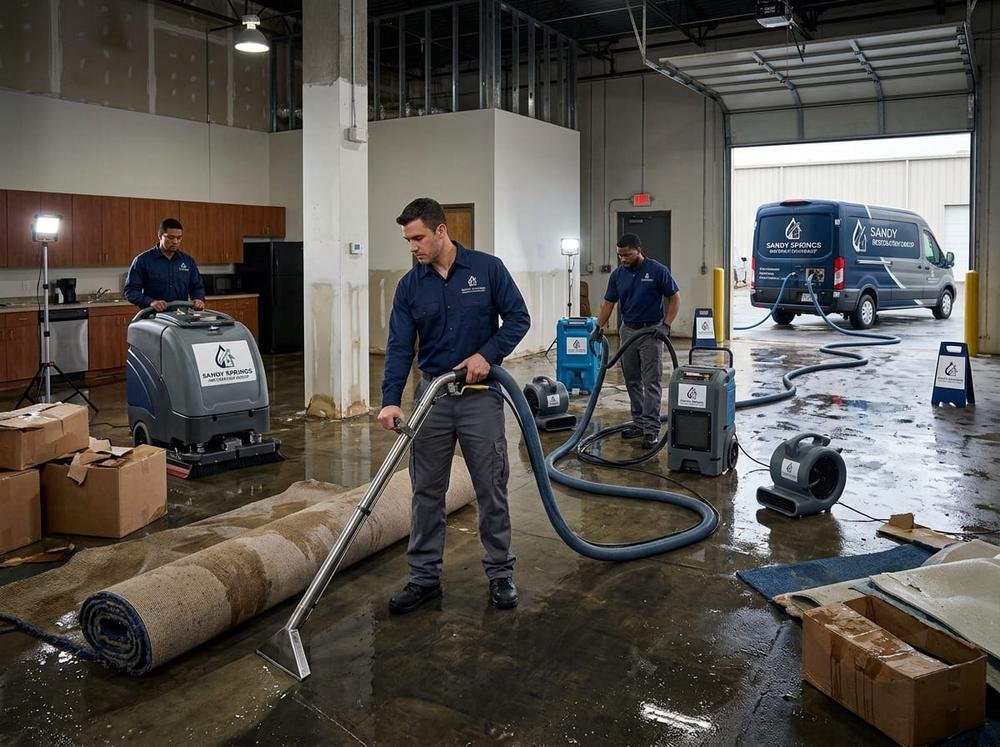 Technicians responding to burst pipe water damage in a Sandy Springs, GA home