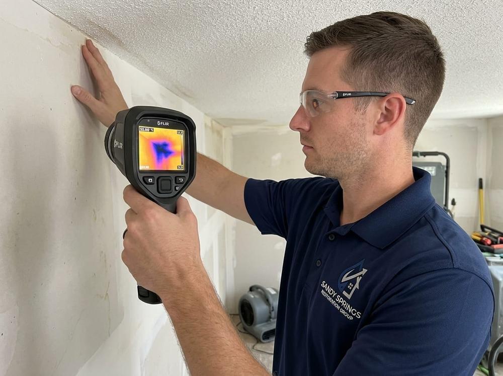 Technician inspecting ceiling and wall water damage with a thermal imaging camera in Sandy Springs, GA
