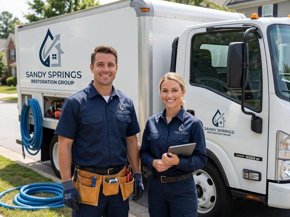 Sandy Springs Restoration Group commercial fire damage restoration technicians beside a service truck