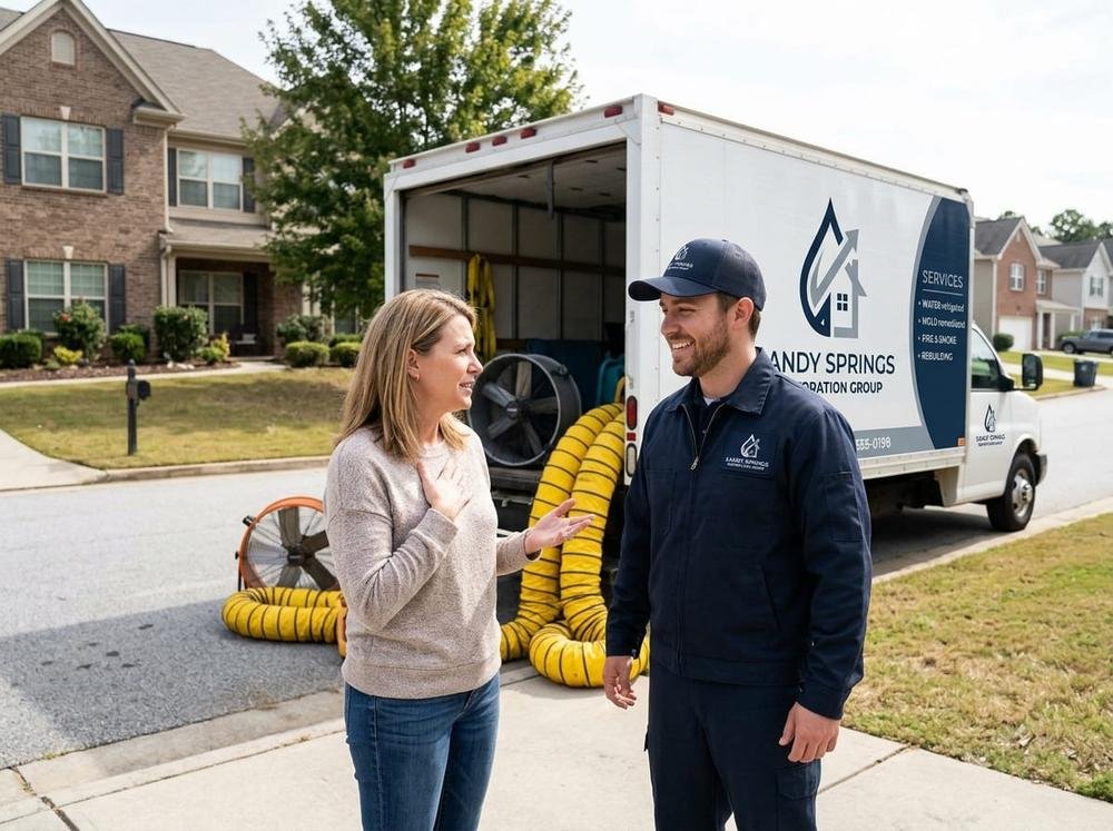 Sandy Springs Restoration Group technician speaking with a homeowner