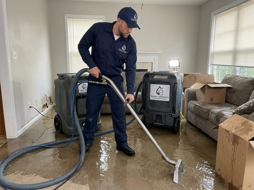 Technician performing emergency water damage restoration and water extraction in a Sandy Springs, GA living room