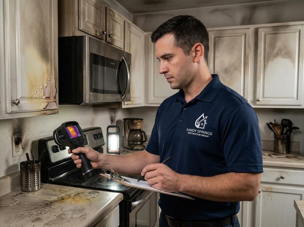 Sandy Springs Restoration Group technician assessing fire damage restoration needs in a Sandy Springs, GA kitchen