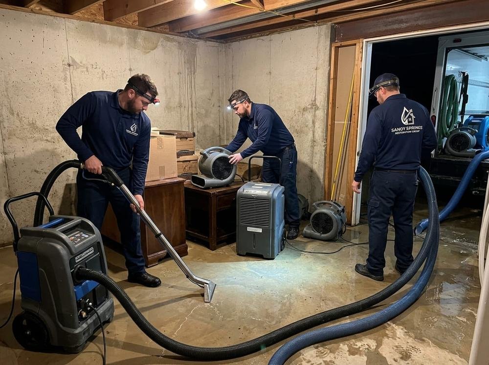 Restoration crew performing flood damage cleanup and water removal in a Sandy Springs, GA garage