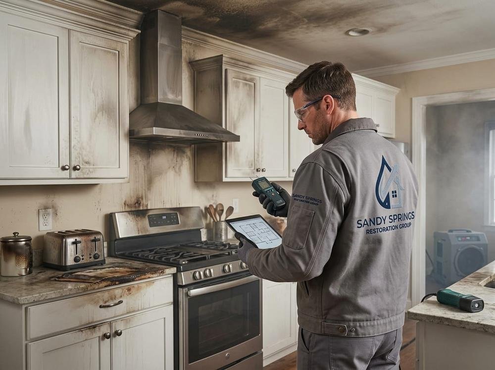 Technicians assessing smoke damage cleanup needs in a Sandy Springs, GA kitchen