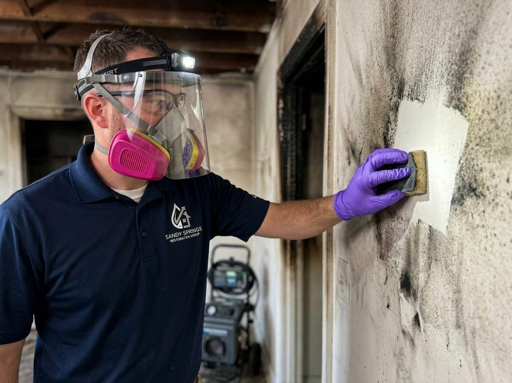 Technician performing soot removal from a wall after fire damage in Sandy Springs, GA