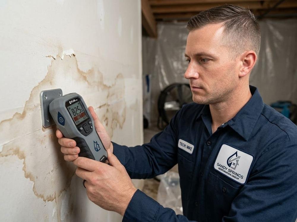 Technician monitoring structural drying and dehumidification equipment in a Sandy Springs, GA home