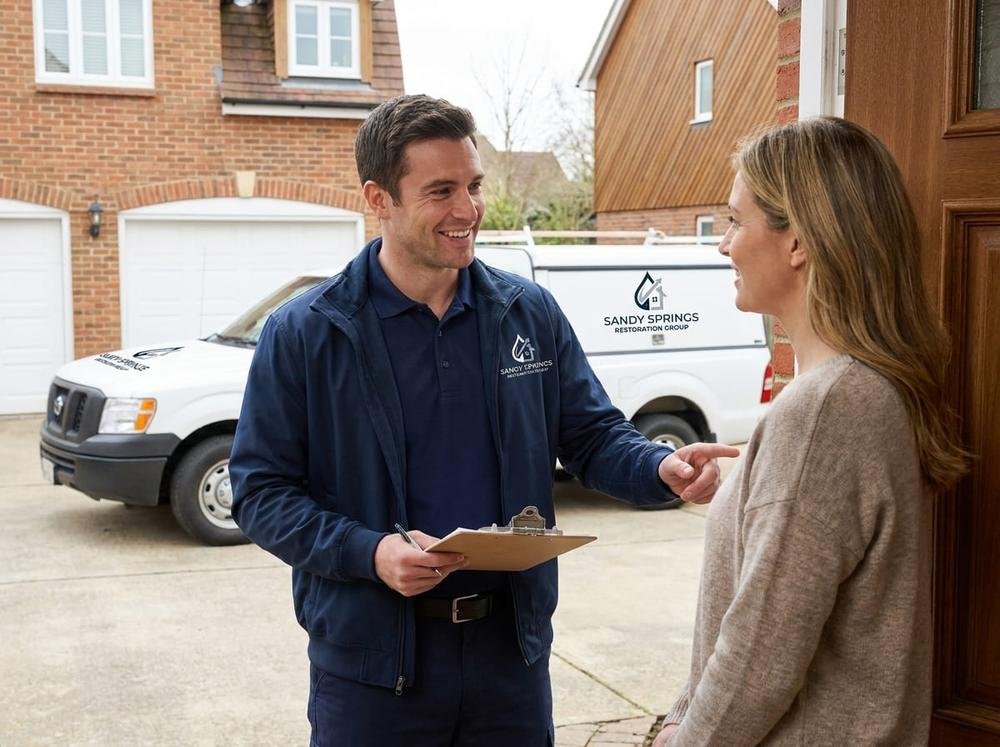 Sandy Springs Restoration Group technician discussing insurance documentation with a homeowner