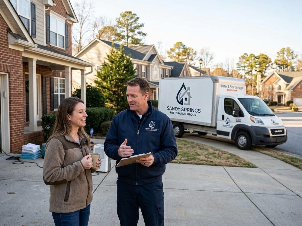 Sandy Springs Restoration Group technician speaking with a homeowner in Sandy Springs, GA