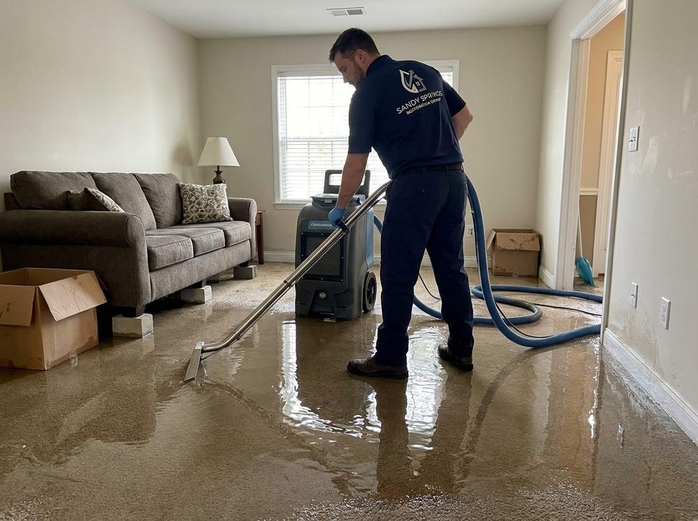 Technician using truck-mounted equipment for water extraction and water removal in Sandy Springs, GA